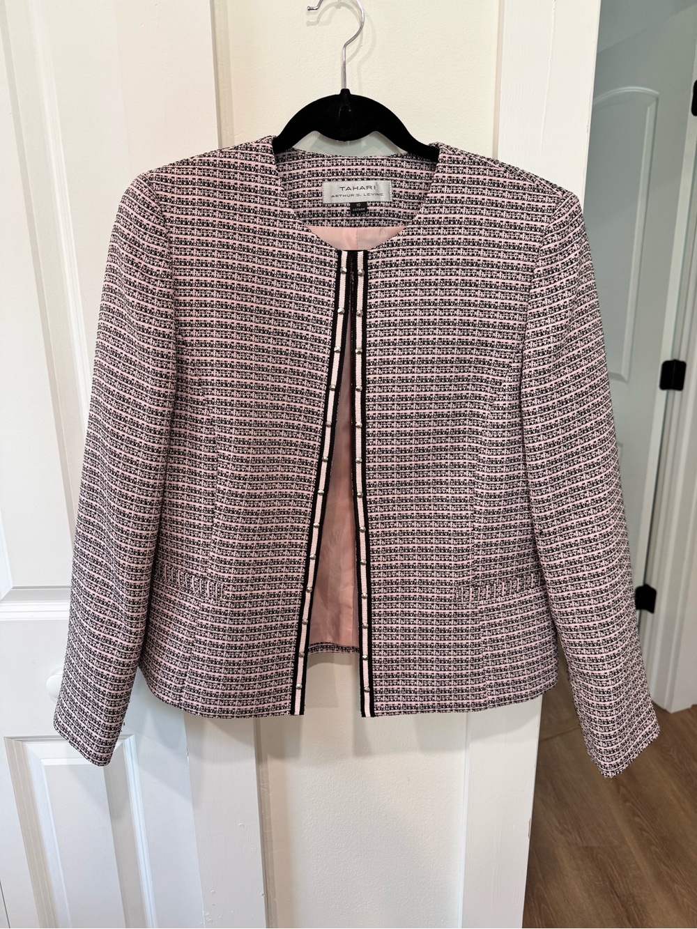 Tahari Pink and Black Tweed Collarless Jacket